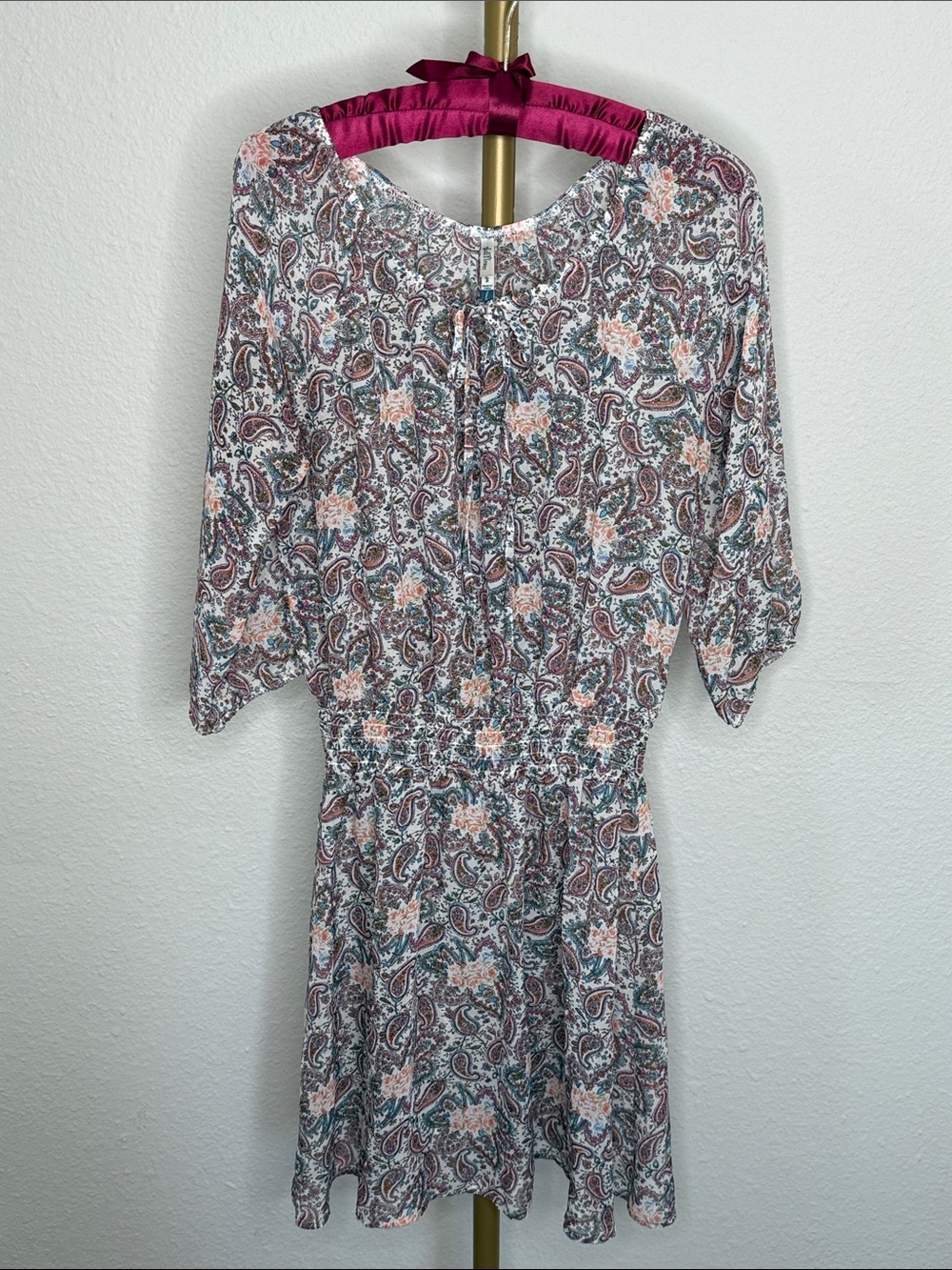 Wallflower Pink Teal Multi Paisley Sheer Boho Dress Spaghetti Tie Elastic Sz L